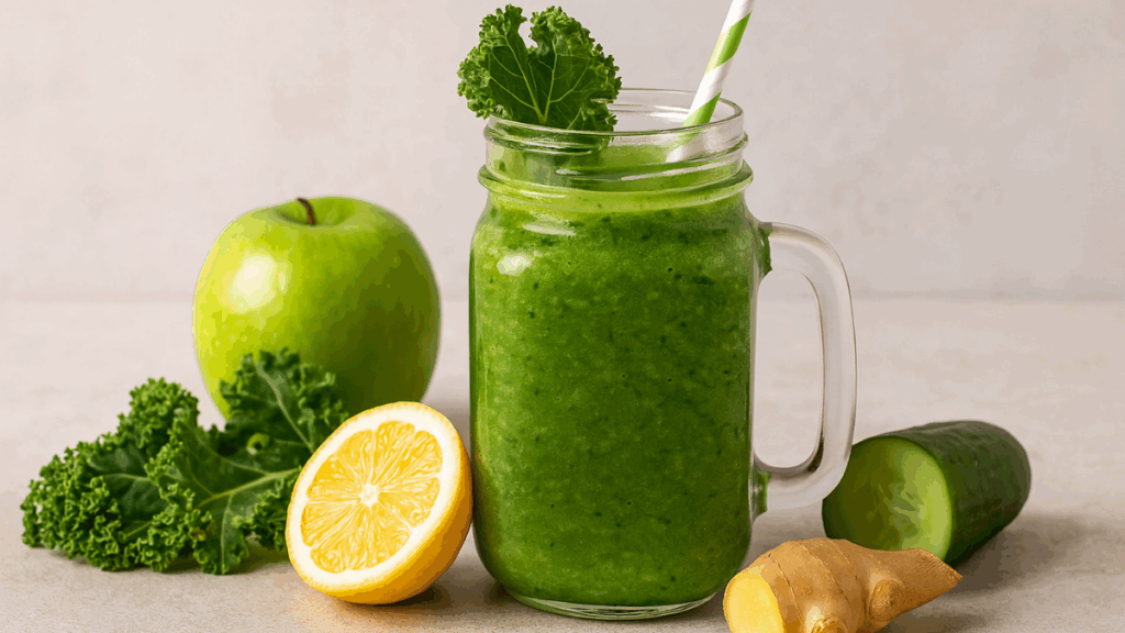 Suco verde detox com couve, limão, gengibre, pepino e maçã verde em fundo claro