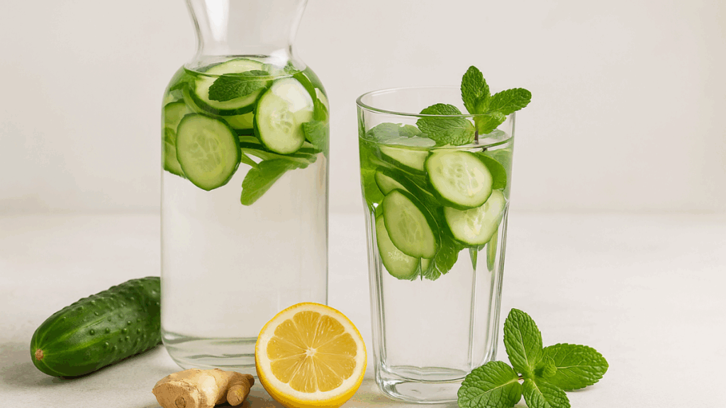 Água detox em copo e jarra com rodelas de pepino, folhas de hortelã e limão fresco