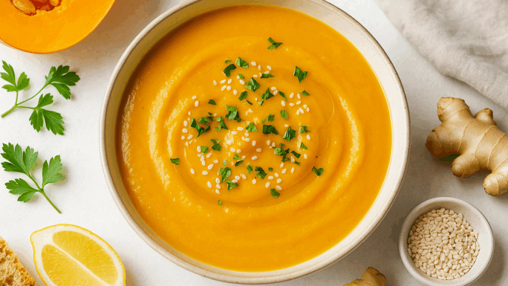 Sopa de abóbora servida com gengibre, sementes e salsa fresca em superfície branca