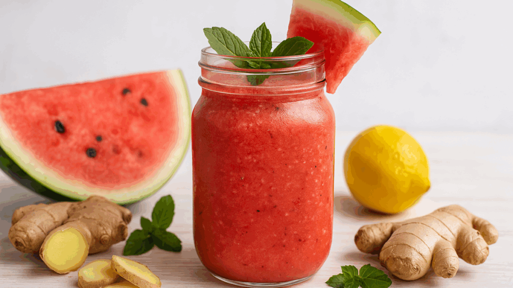  Suco detox de melancia servido com gengibre, hortelã e limão sobre madeira clara