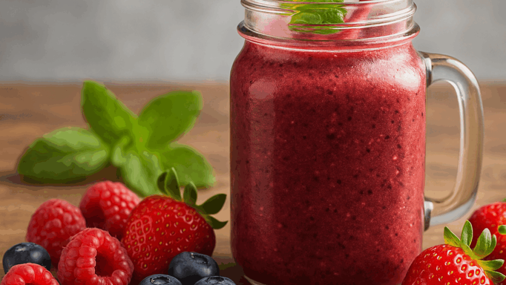  Smoothie detox de frutas vermelhas com morango, mirtilo, amora e framboesa em fundo rústico