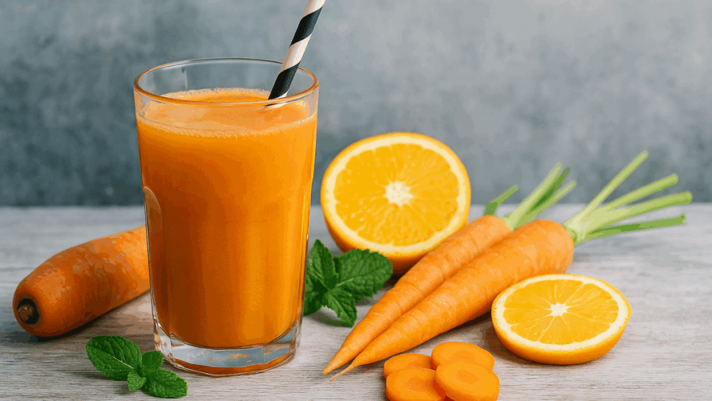 Suco detox de cenoura com laranja servido em copo com ingredientes frescos ao redor