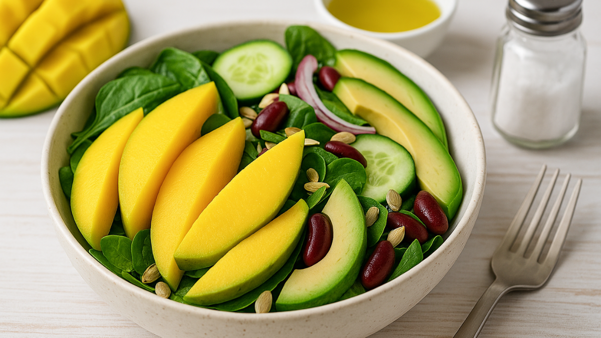 Salada nutritiva com fatias de manga, abacate, pepino, cebola roxa e feijão em tigela branca sobre mesa clara.