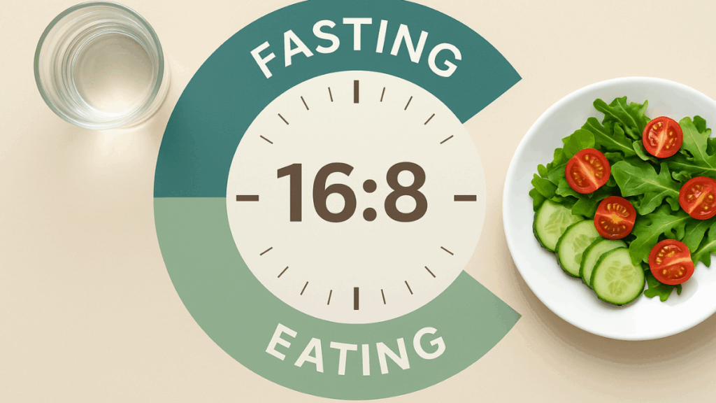 Gráfico visual representando o ciclo 16:8 do jejum intermitente com água e salada.