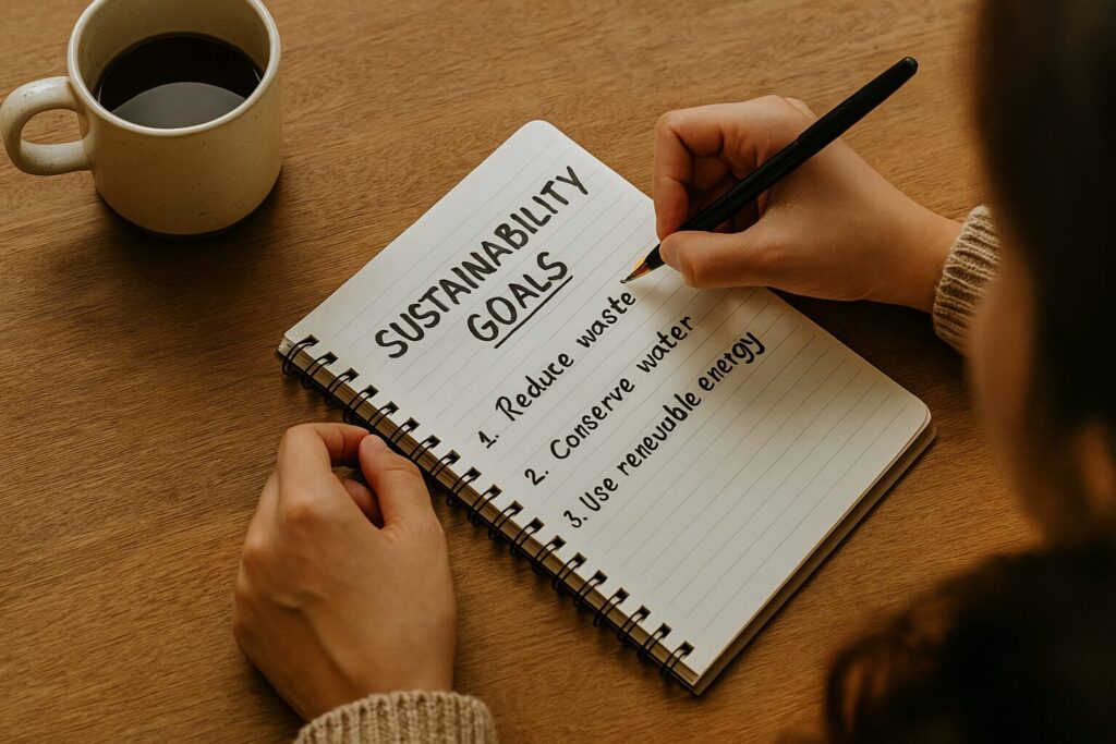 Mãos escrevendo metas sustentáveis em caderno sobre mesa de madeira com café ao lado.