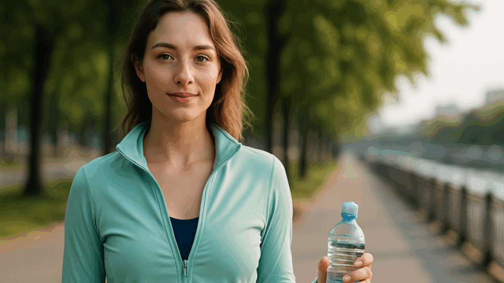 Mulher sorridente ao ar livre durante atividade física leve, representando saúde e equilíbrio no emagrecimento de alta frequência.