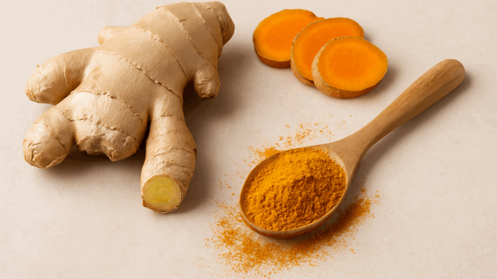 Raiz de gengibre fresca ao lado de cúrcuma em pó em colher de madeira e fatias de cúrcuma sobre fundo claro e suave.