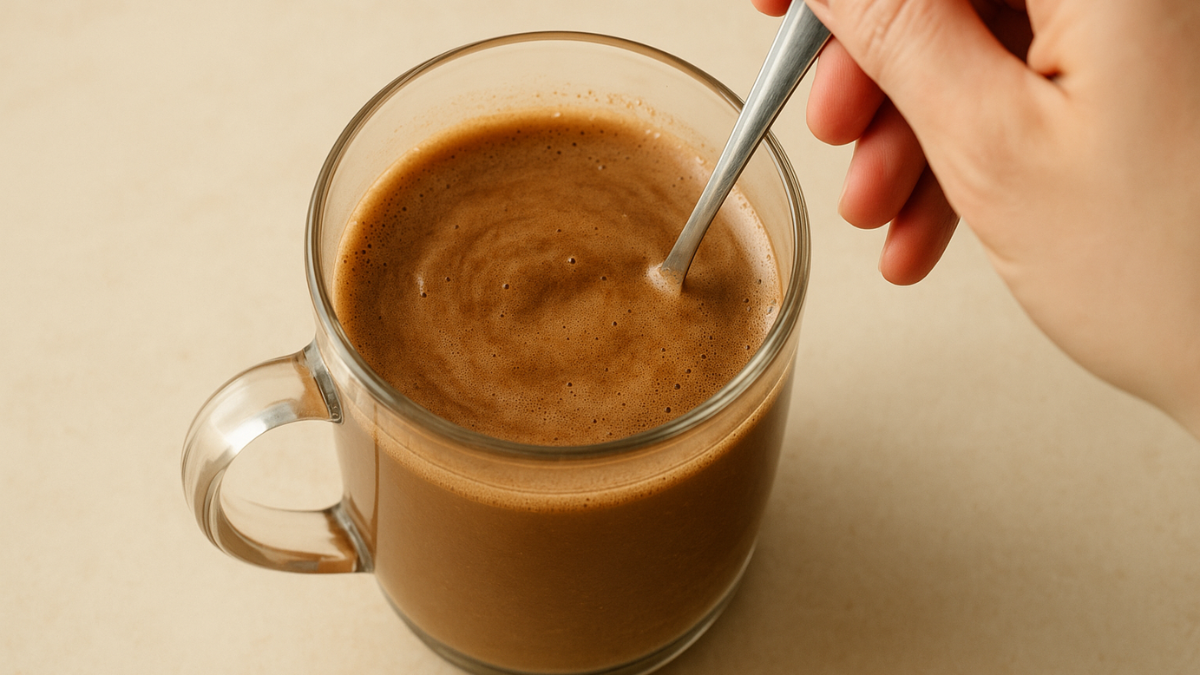 Mão mexendo uma bebida marrom cremosa com colher em caneca de vidro sobre superfície clara.