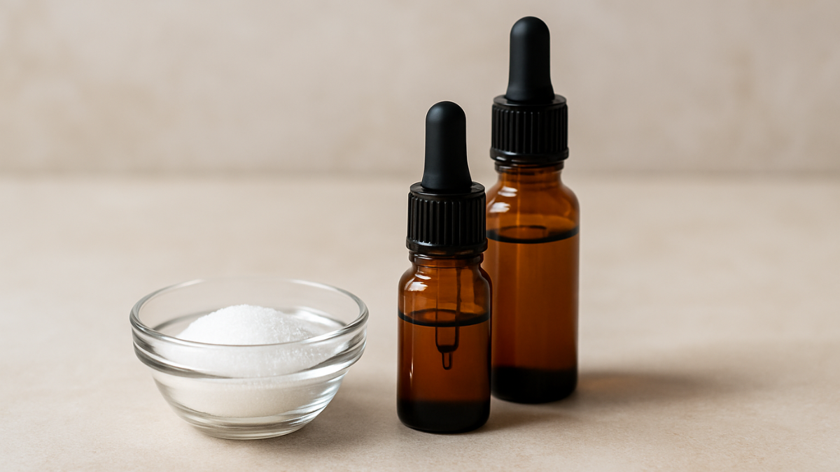 Tigela de vidro com adoçante granulado ao lado de dois frascos âmbar com conta-gotas, sobre fundo neutro.