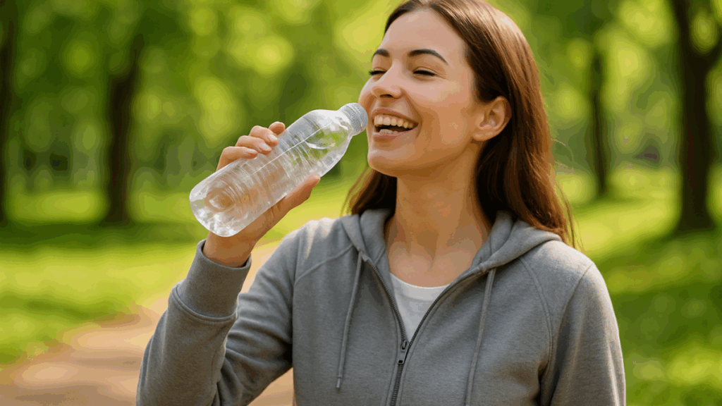 Mulher jovem bebendo água de uma garrafa reutilizável enquanto caminha ao ar livre, com expressão leve e descontraída.