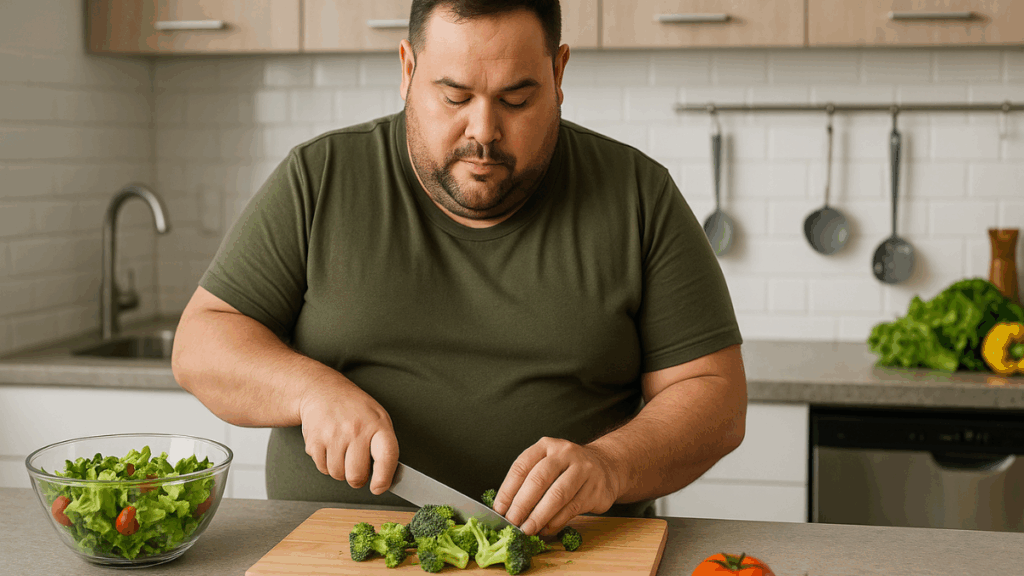 Homem cortando vegetais frescos em cozinha moderna
