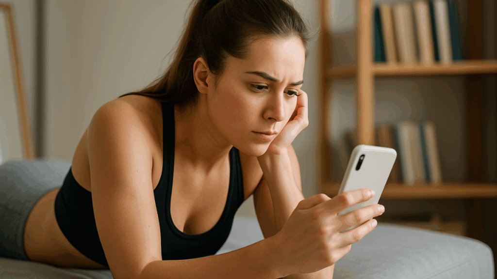 Mulher jovem pensativa olhando pela janela, simbolizando a pressão estética nas redes sociais