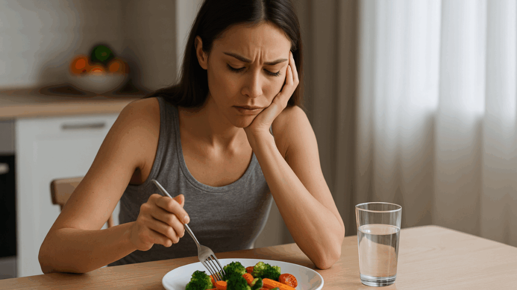Mulher pensativa olhando para um prato com poucas calorias, representando os riscos das dietas restritivas