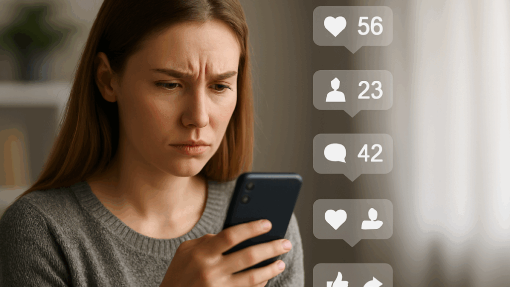 Jovem segurando o celular com expressão preocupada, representando os sinais de alerta causados por conteúdos nocivos nas redes sociais