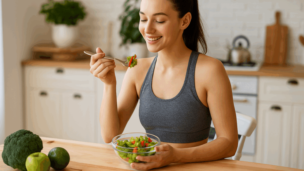Jovem sorridente preparando uma refeição leve, representando um estilo de vida equilibrado e saudável