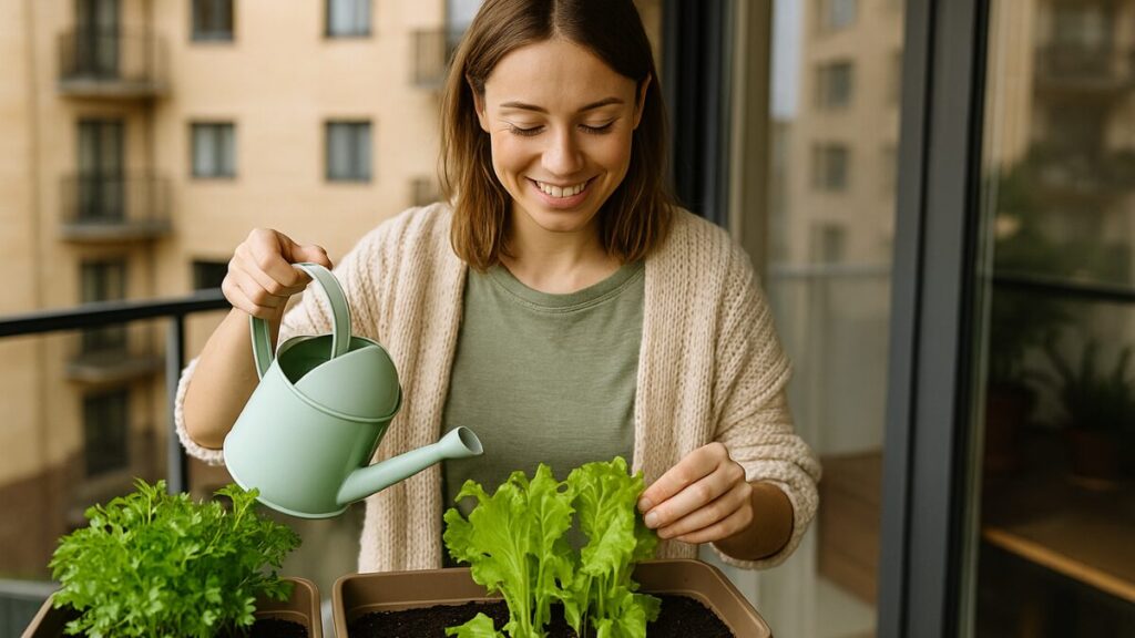 Mulher cuidando de horta com alface em varanda, representando alimentação sustentável.