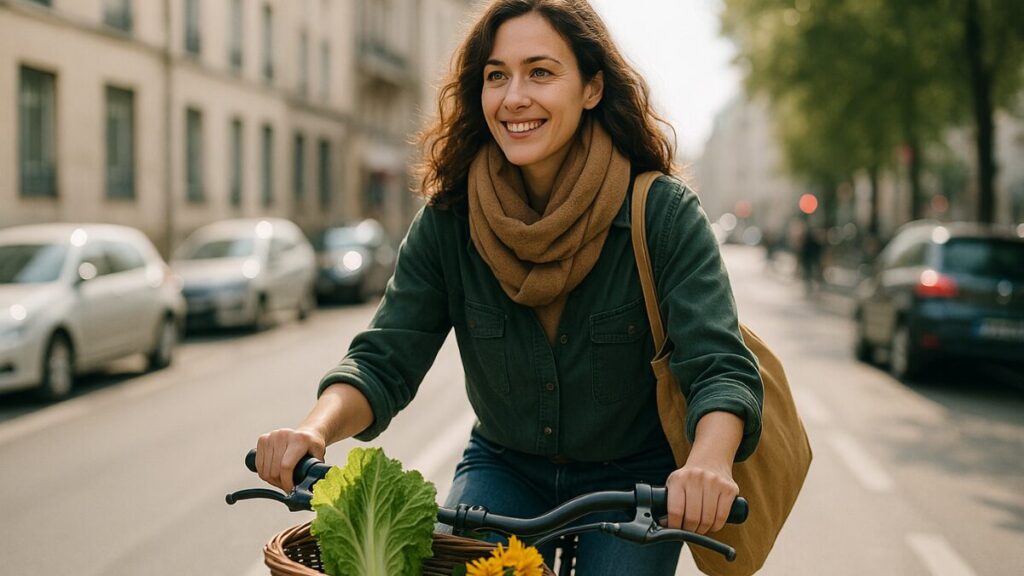 Mulher sorridente pedalando bicicleta com cesta de legumes em rua urbana arborizada.