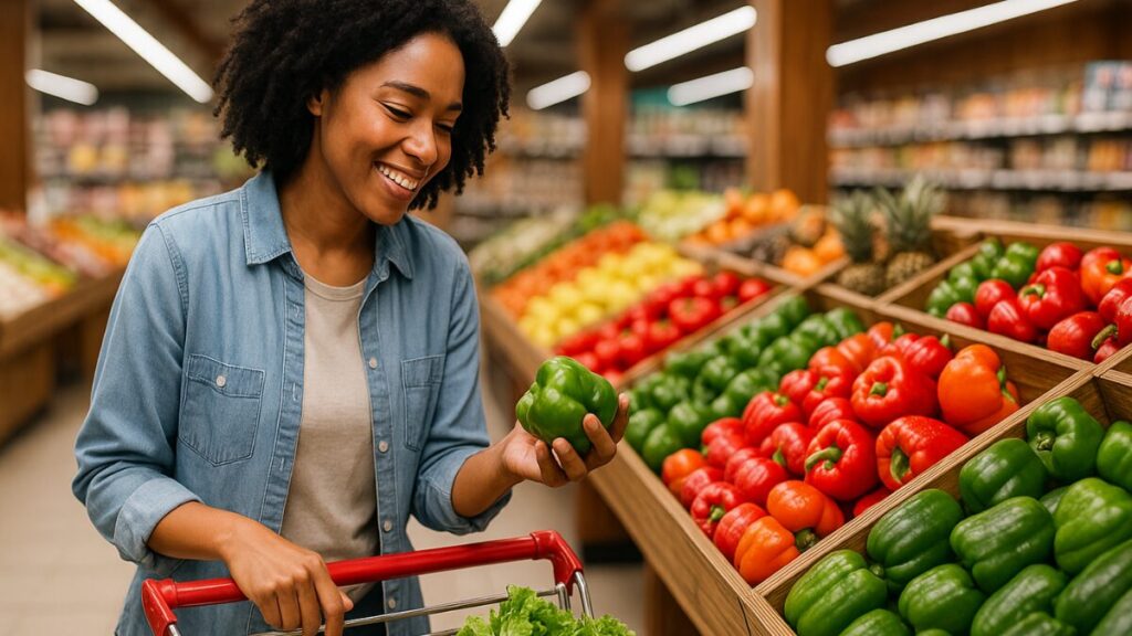 ovem feliz escolhendo pimentão verde em feira com legumes organizados.
