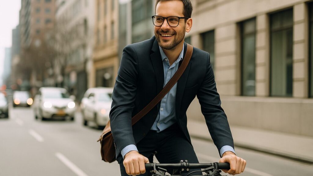 Homem sorridente de terno pedalando para o trabalho em meio ao trânsito urbano.