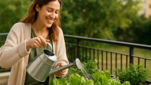 Jovem regando horta com regador metálico em varanda, cultivando alfaces e ervas.