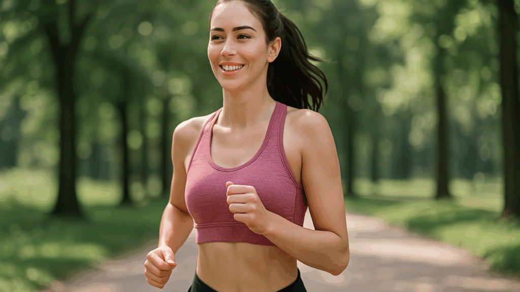Mulher jovem praticando exercício físico leve em ambiente natural, simbolizando constância no emagrecimento de alta frequência.