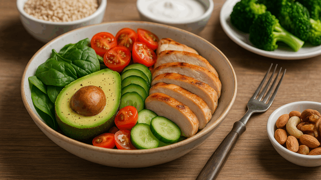 Prato saudável com vegetais, grãos integrais e proteínas magras representando a alimentação equilibrada no emagrecimento de alta frequência.