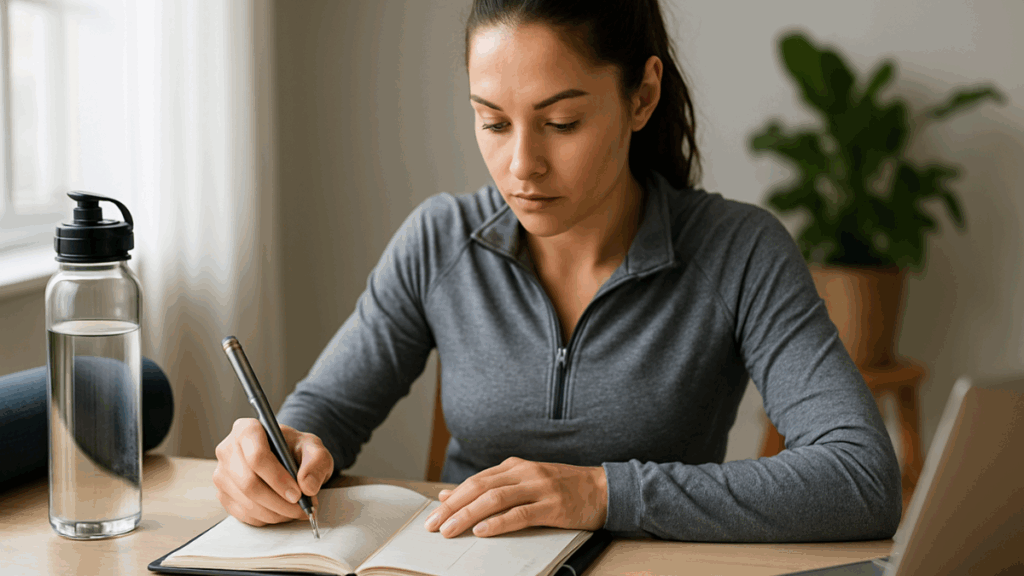 Mulher jovem organizando sua rotina de alimentação e treino, representando disciplina e constância no emagrecimento de alta frequência.