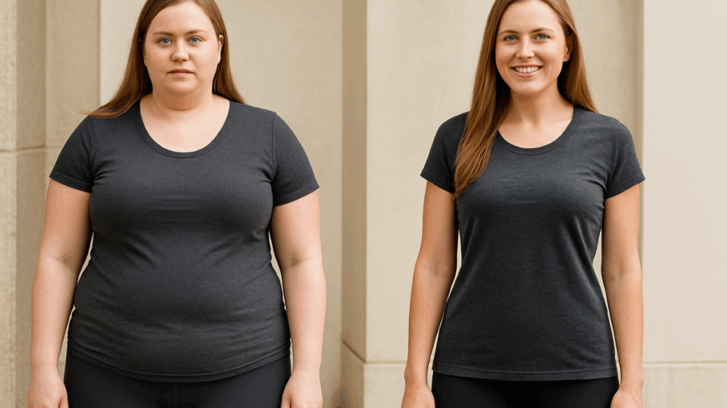 Comparação visual de uma mulher antes e depois do emagrecimento de alta frequência, demonstrando transformação saudável e real.