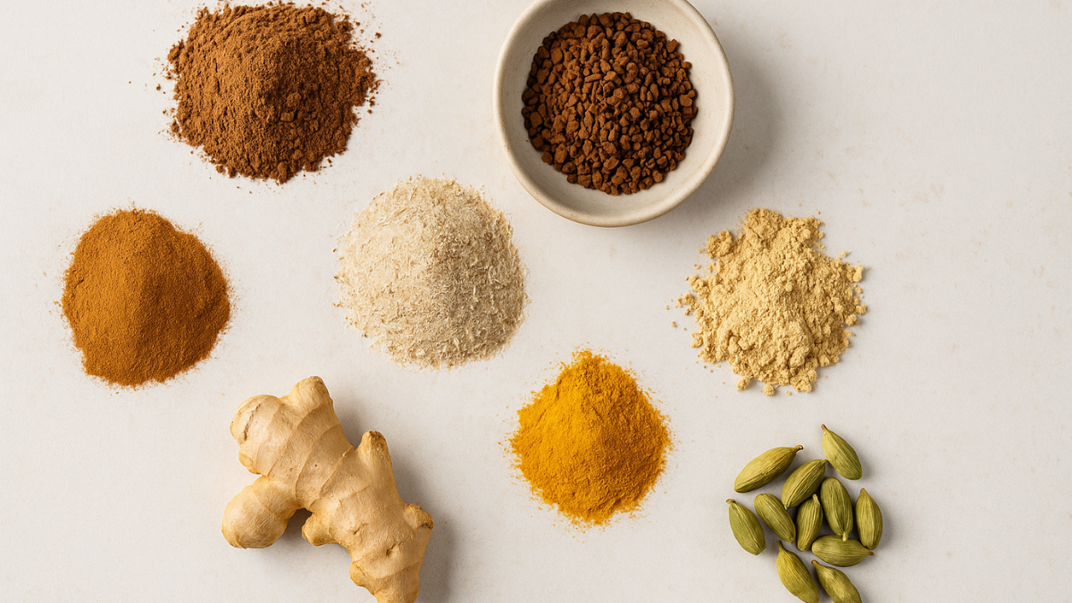Imagem com sete ingredientes naturais dispostos sobre superfície clara: cacau em pó, café solúvel, canela, psilium, gengibre, cúrcuma e cardamomo.