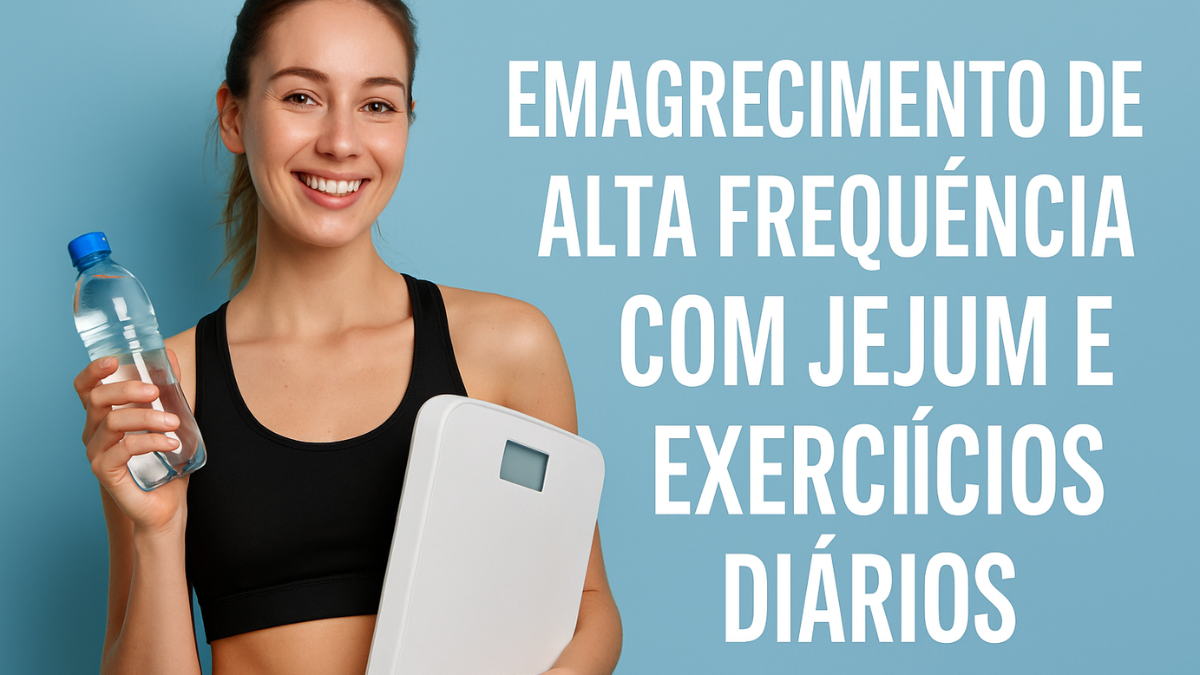 Mulher sorridente segurando balança e garrafa de água com fundo azul, representando o conceito de emagrecimento de alta frequência.