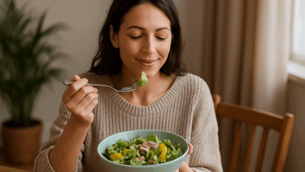 A prática do comer consciente ajuda a controlar a saciedade e melhora a relação com a comida.