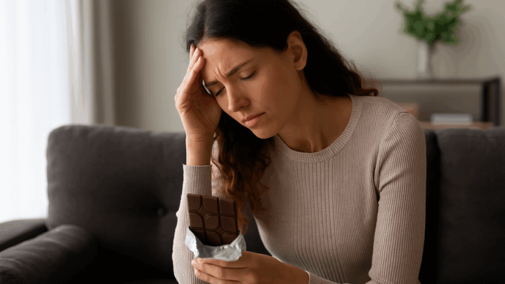 Mulher com expressão preocupada segura chocolate em ambiente aconchegante, representando gatilho emocional alimentar.