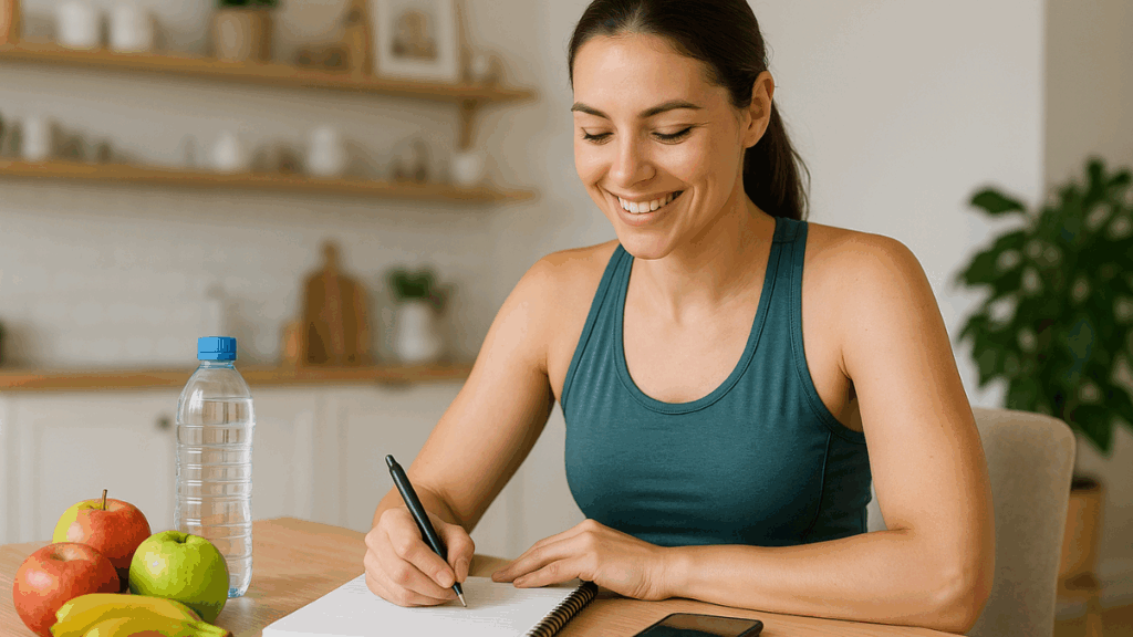 Jovem escrevendo em caderno sobre hábitos saudáveis, cercada por frutas, água e ambiente claro.