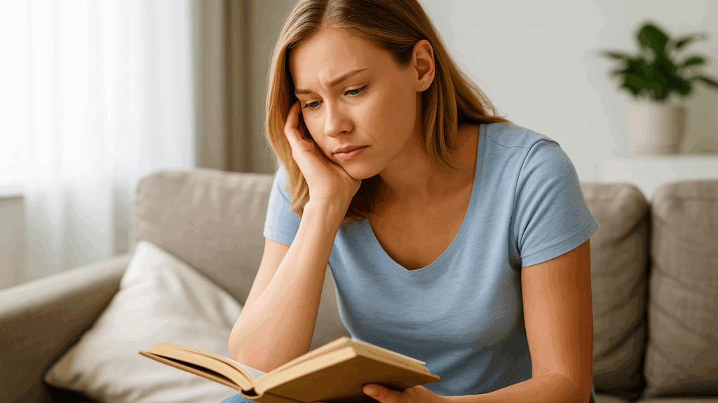 Mulher pensativa com livro nas mãos, refletindo em ambiente sereno sobre crenças e decisões.