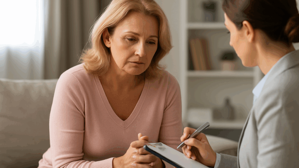 Mulher conversando com profissional da saúde em consulta acolhedora, refletindo sobre ajuda emocional no emagrecimento.