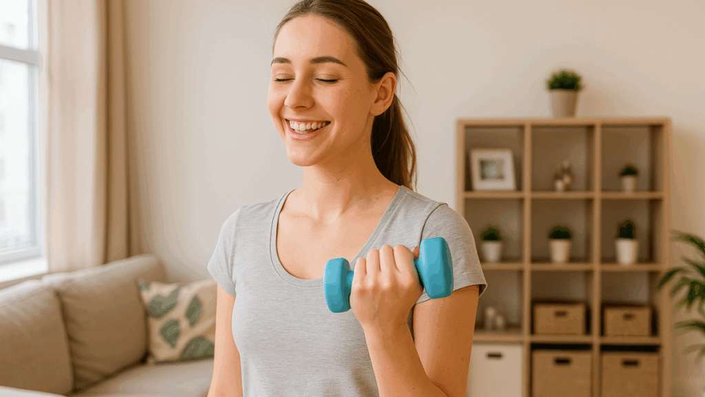 Mulher sorridente praticando exercício leve em casa, simbolizando bem-estar emocional e equilíbrio mental.