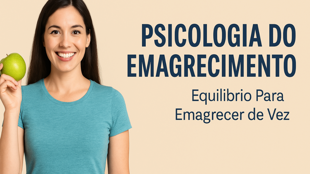 Mulher sorridente segurando uma maçã verde com a frase “Psicologia do Emagrecimento: Equilíbrio Para Emagrecer de Vez”.