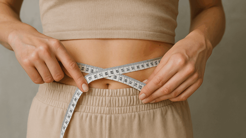  Close-up de uma pessoa medindo a cintura com fita métrica, simbolizando o uso de Sibutran para emagrecer com foco em resultados saudáveis.