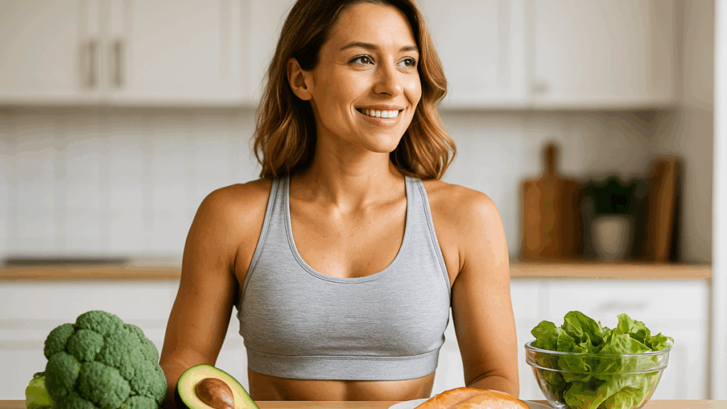 Mulher fit sorrindo em cozinha moderna com alimentos cetogênicos como abacate, brócolis e salmão.