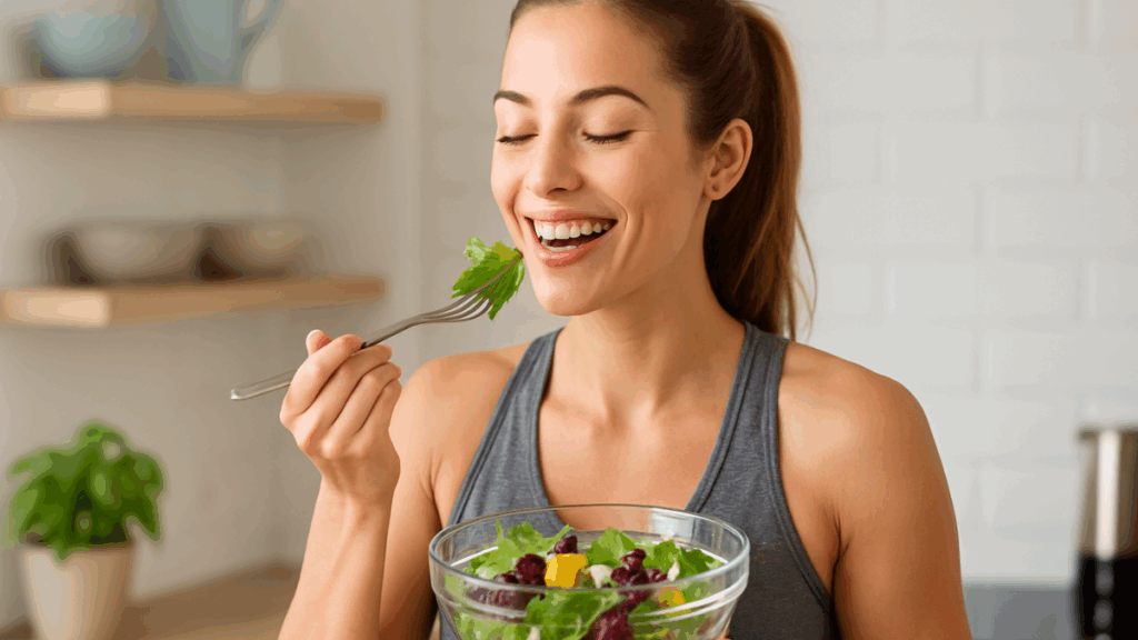 Mulher feliz observando seu reflexo magro no espelho após resultados da dieta cetogênica.