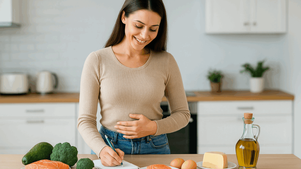 Mulher jovem planejando a dieta cetogênica com alimentos saudáveis sobre a mesa.