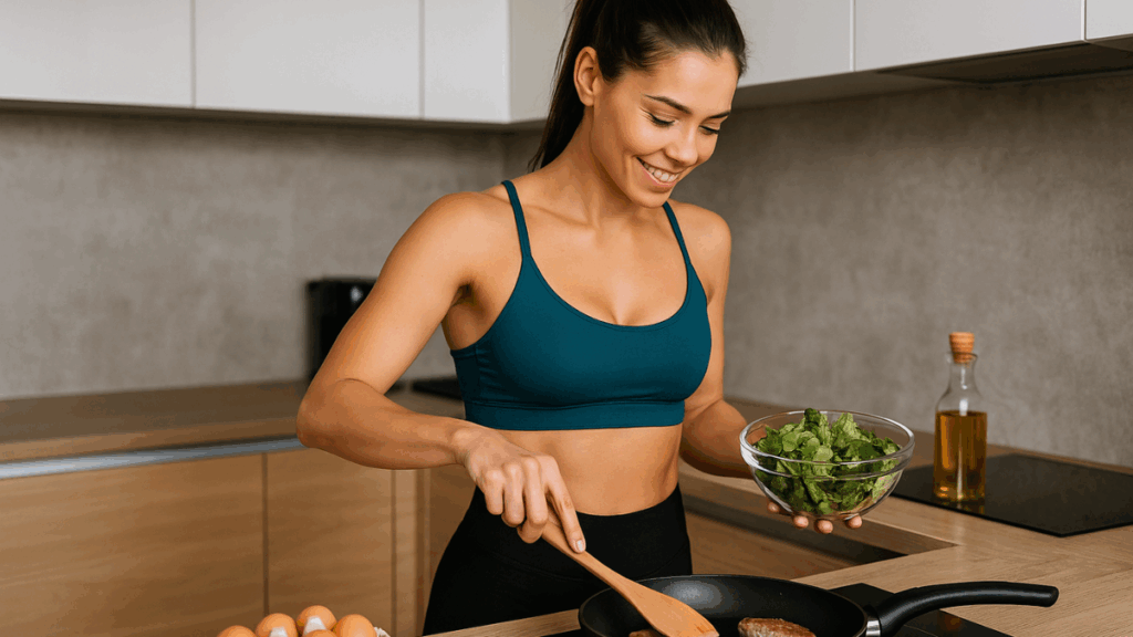 Mulher fit cozinhando carne magra com salada e ovos na bancada, em ambiente saudável e moderno.