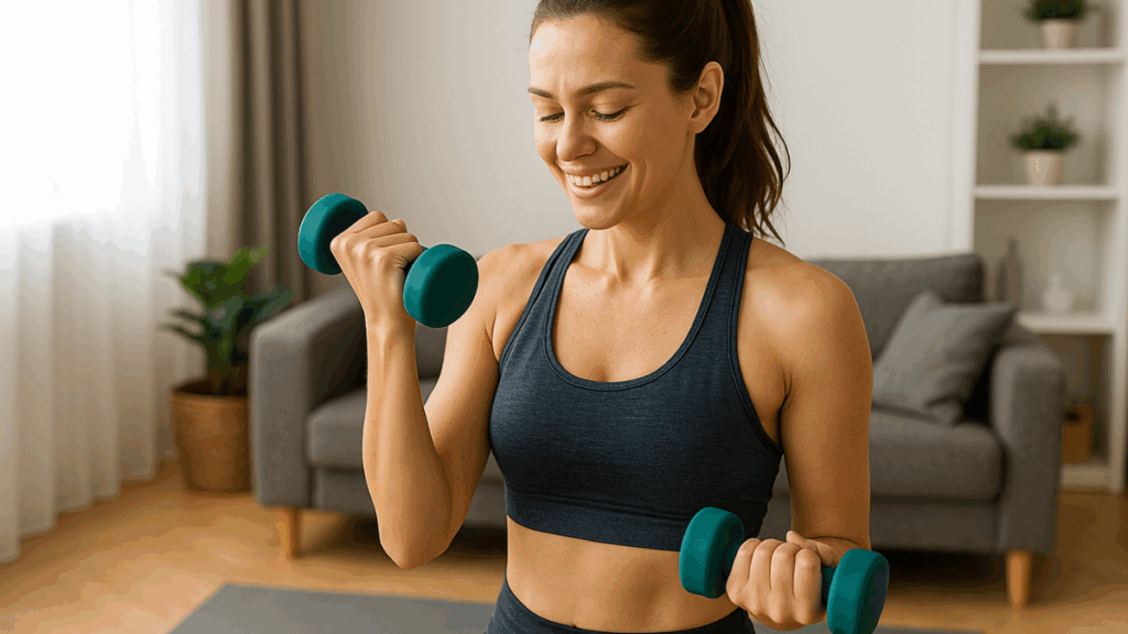Mulher fazendo exercício com halteres em casa, sorrindo, representando constância e equilíbrio na rotina.
