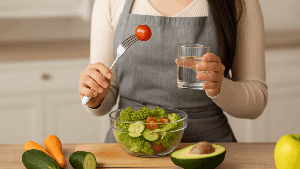 Mulher segurando um copo de água e preparando salada fresca com legumes, representando hábitos saudáveis durante o uso de Sibutran para emagrecer.