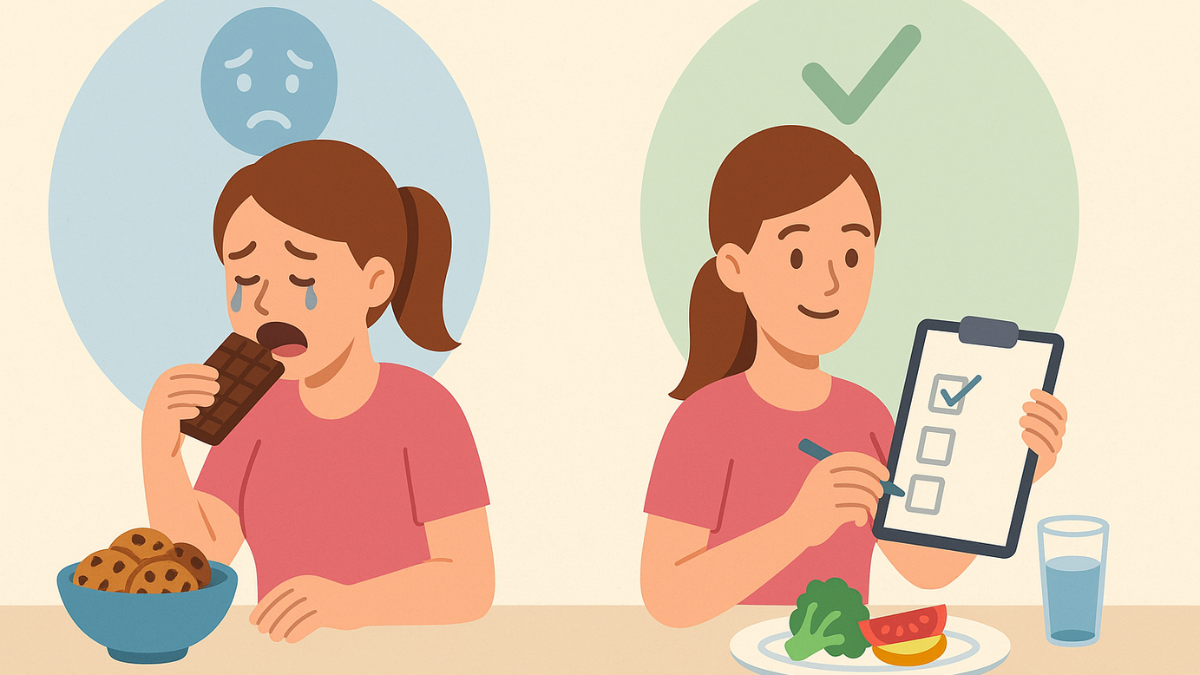 Ilustração mostrando diferença entre comer por impulso e planejamento com metas claras