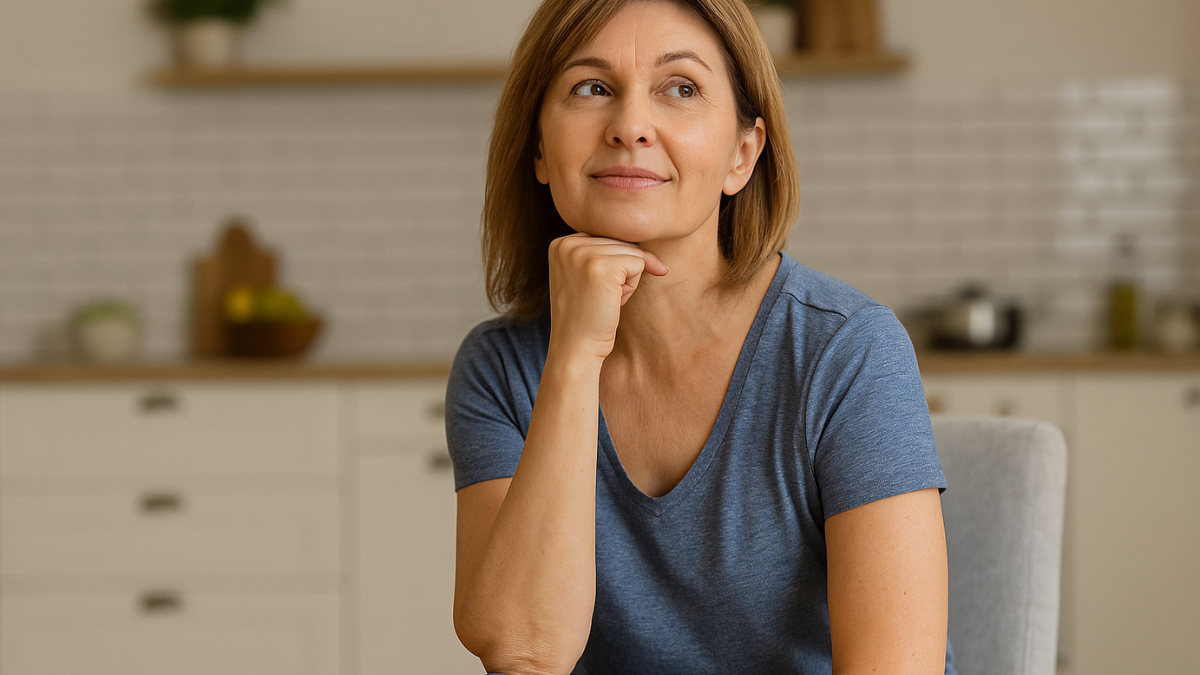 Mulher de meia-idade pensativa sentada em sua cozinha, refletindo sobre emagrecimento saudável