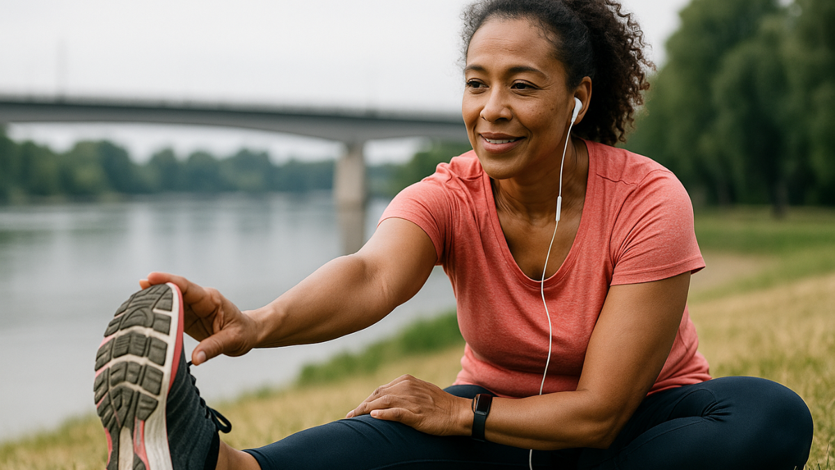 Mulher praticando atividade leve em casa como parte de sua estratégia de emagrecimento sem academia