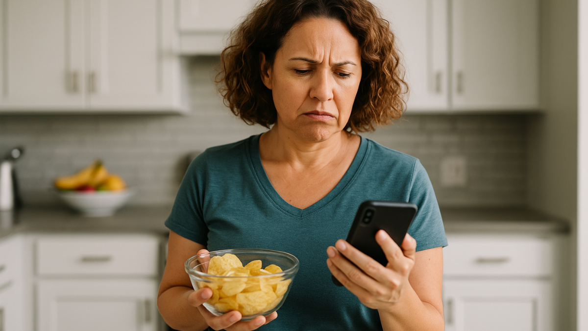 Mulher de pele clara pensativa na cozinha, cercada por alimentos industrializados e indecisão