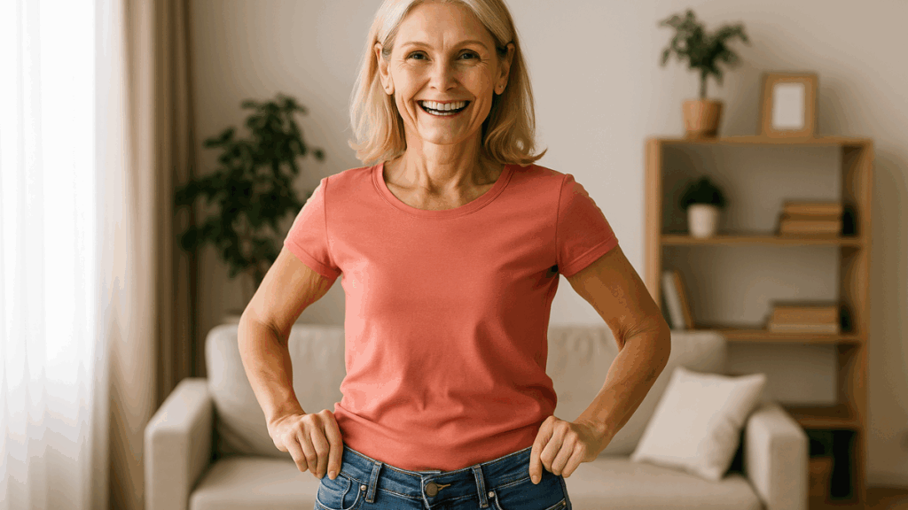 Mulher de meia-idade sorridente olhando para o espelho após alcançar resultados reais de emagrecimento
