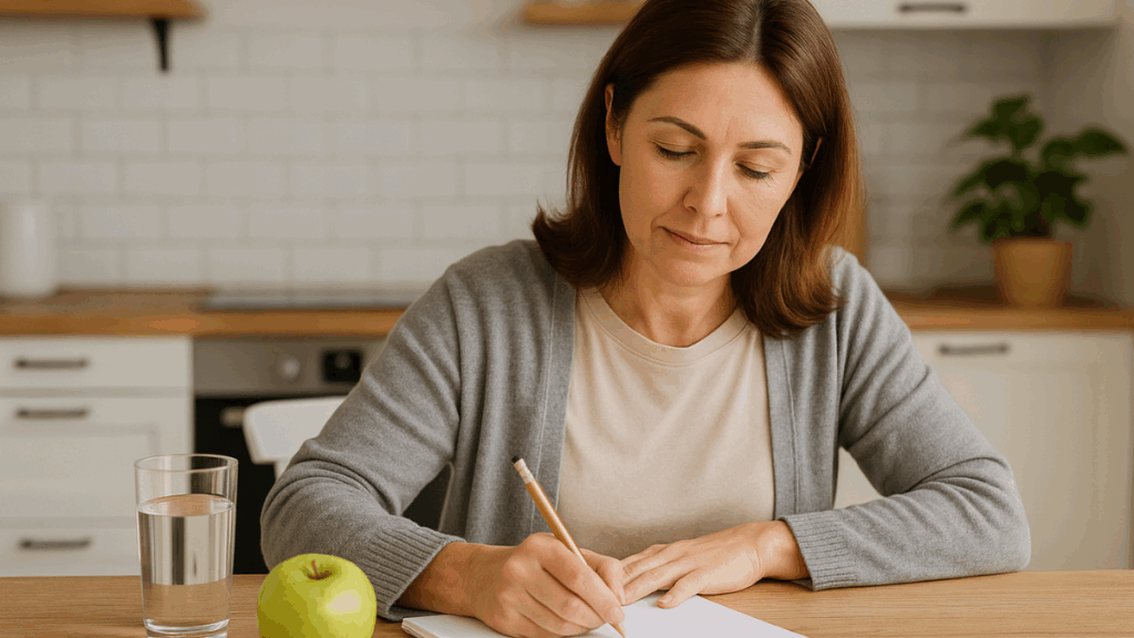Mulher de meia-idade organizando seu plano de alimentação e exercícios em casa